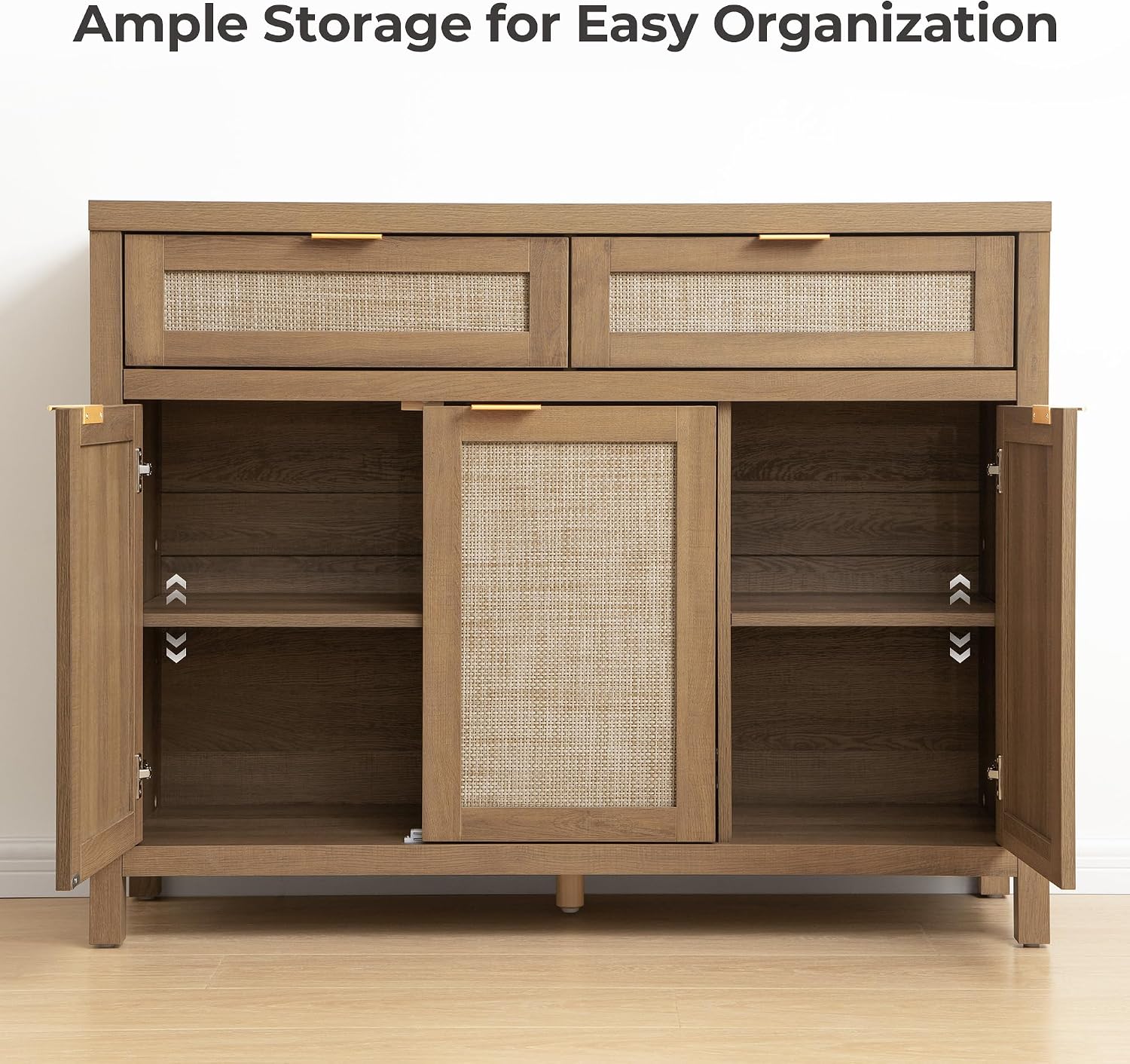 Caramel Oak Rattan 3 Doors 2 Drawers Boho Sideboard