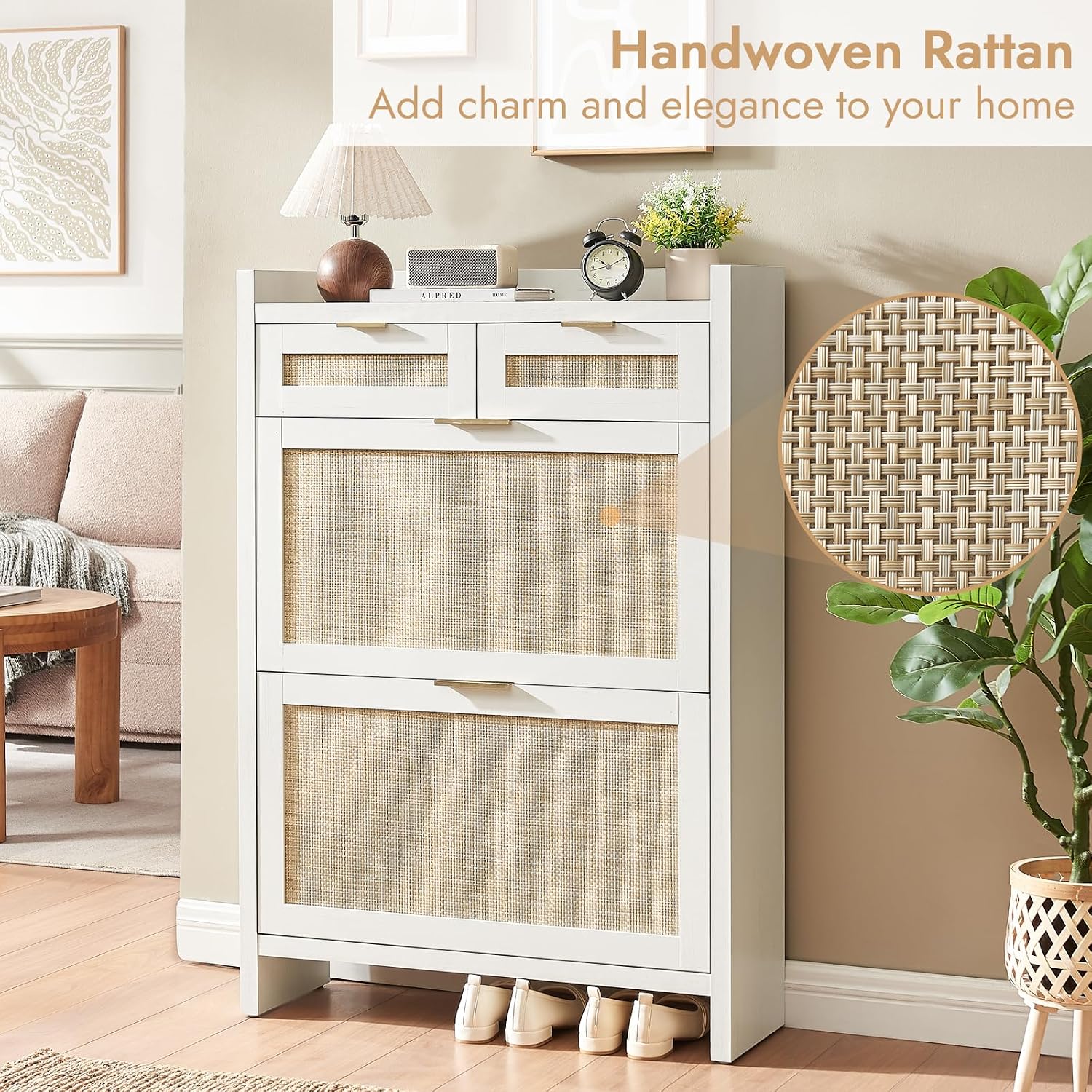 White Rattan Slim Hidden Shoe Storage Cabinet