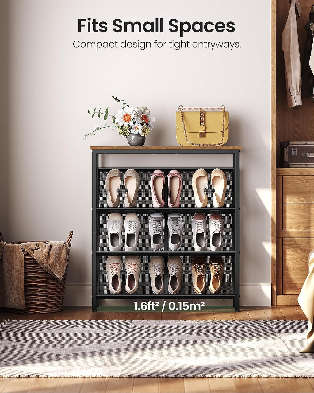 4-Tier Slanted Rustic Brown Metal Shoe Rack With Wood Top