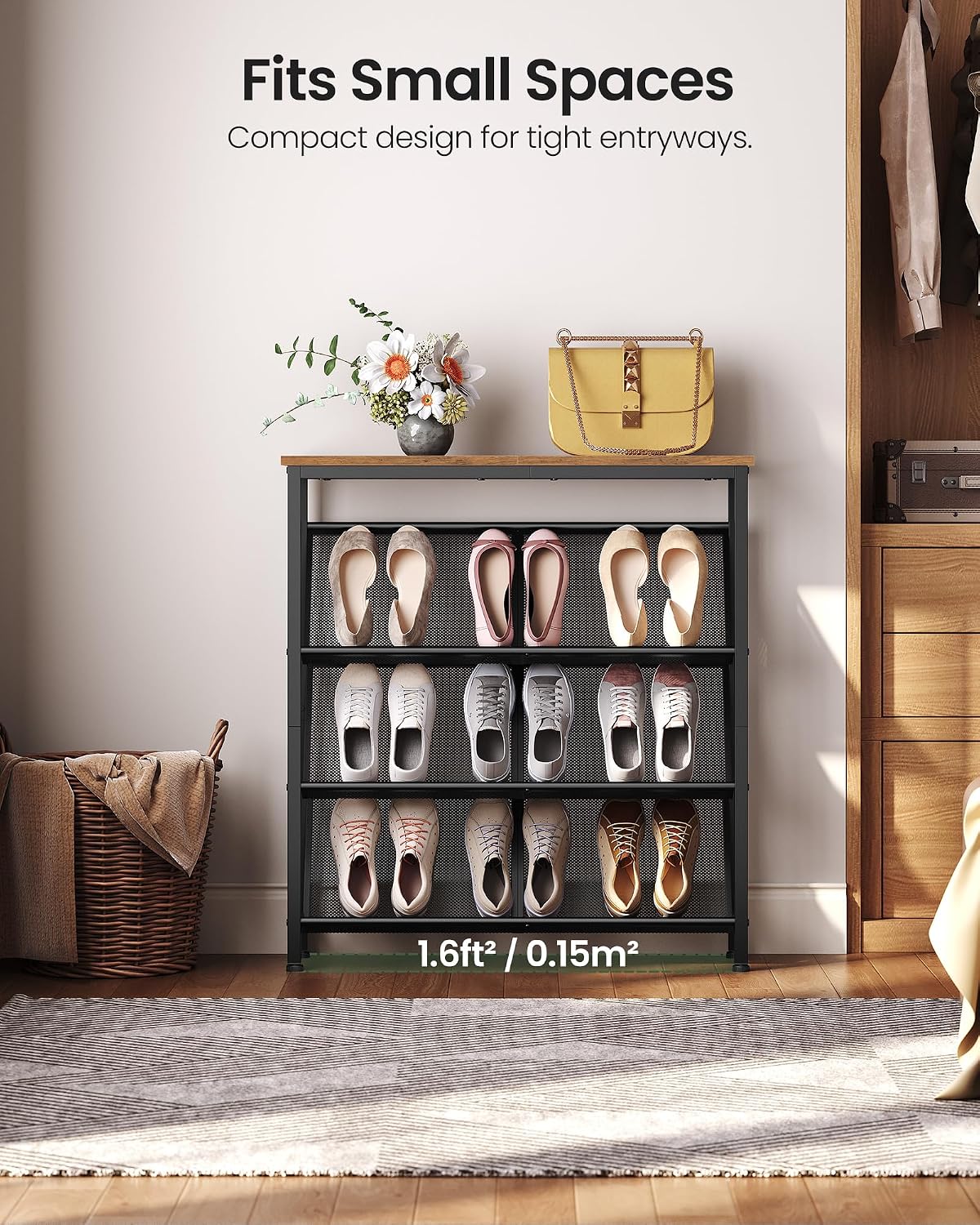 4-Tier Slanted Rustic Brown Metal Shoe Rack With Wood Top