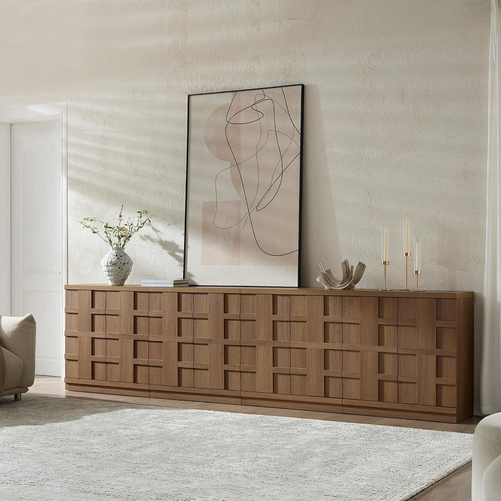 Brown Oak Woven Textured Long Sideboard