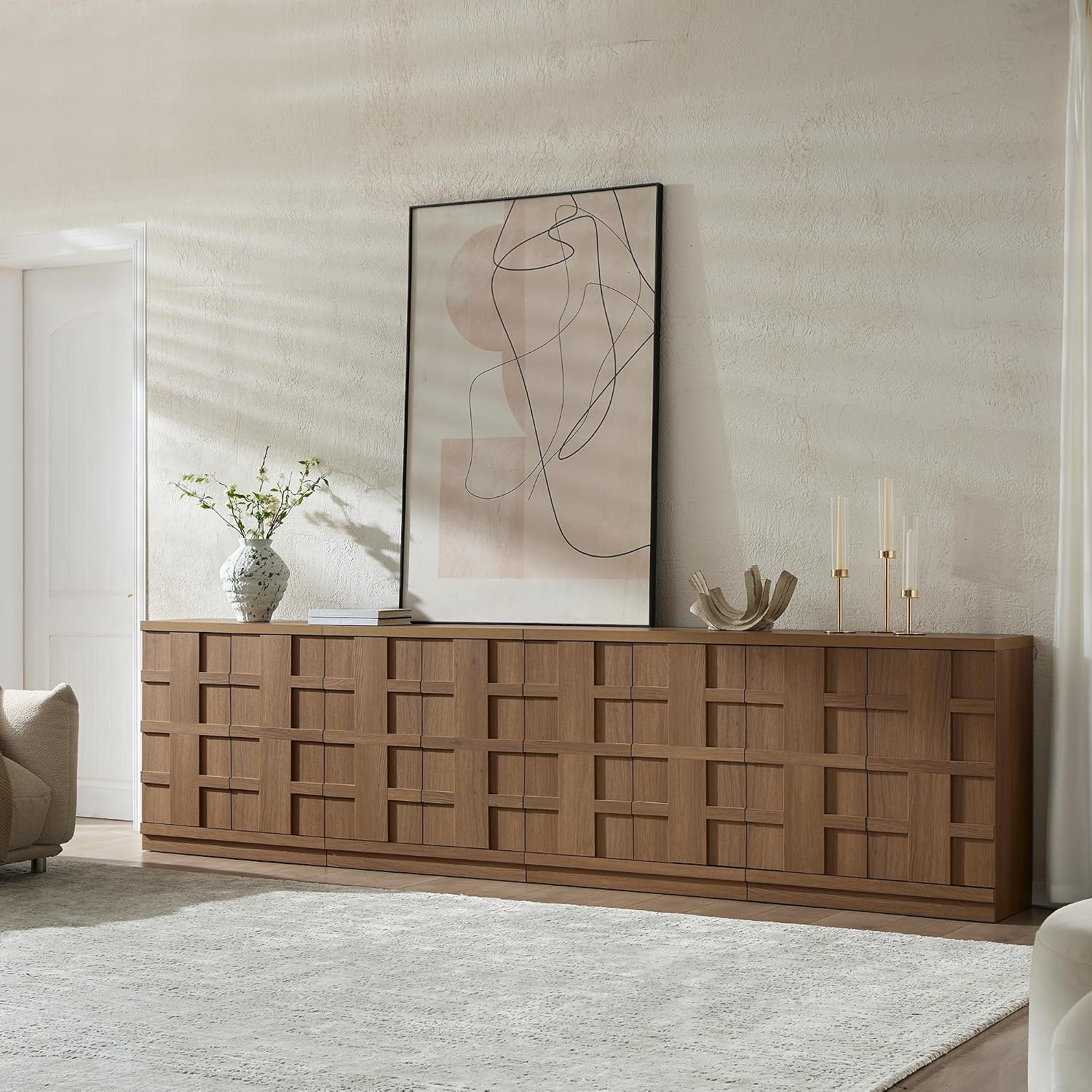 Brown Oak Woven Textured Long Sideboard