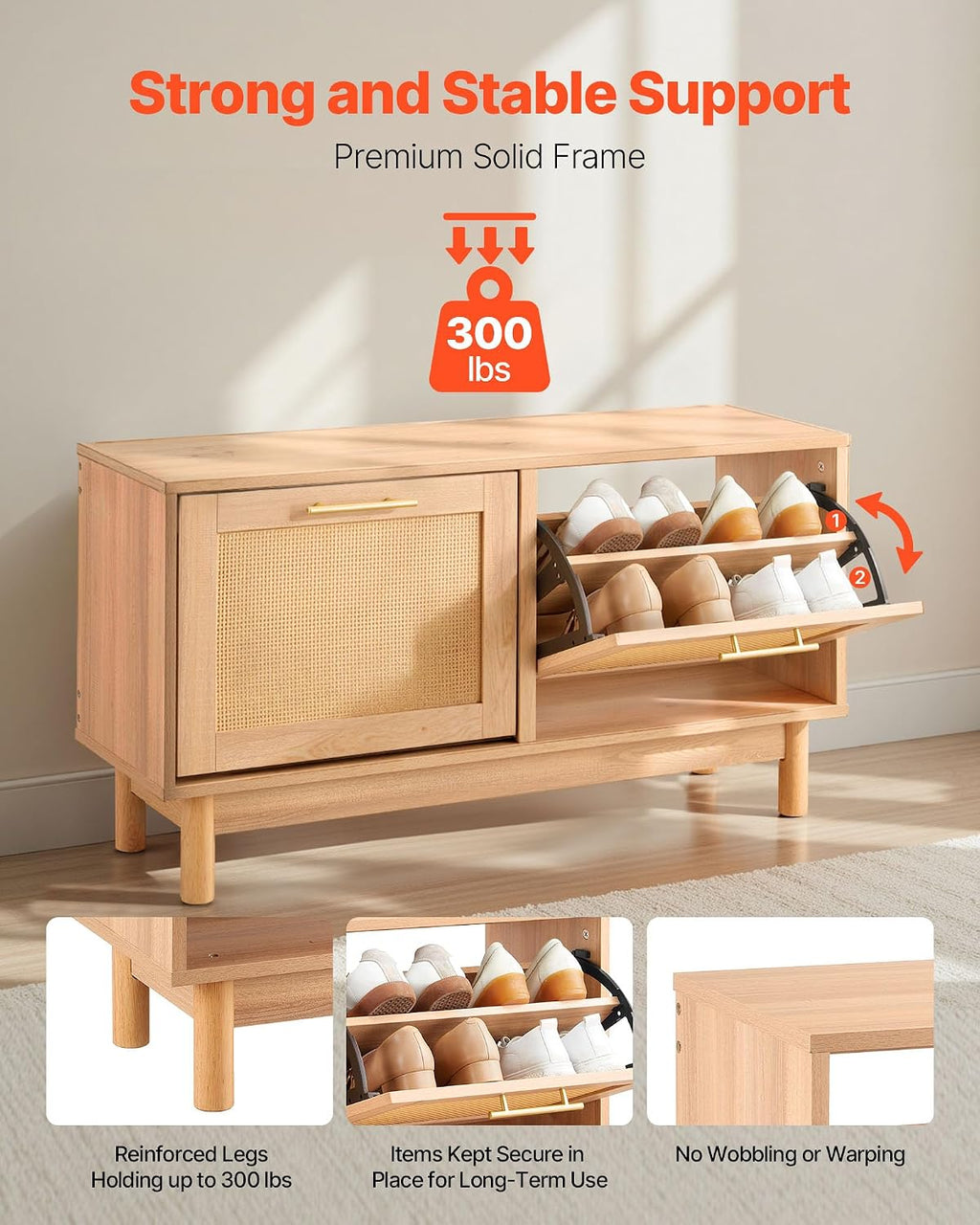Rattan Flip Drawer Entryway Shoe Bench