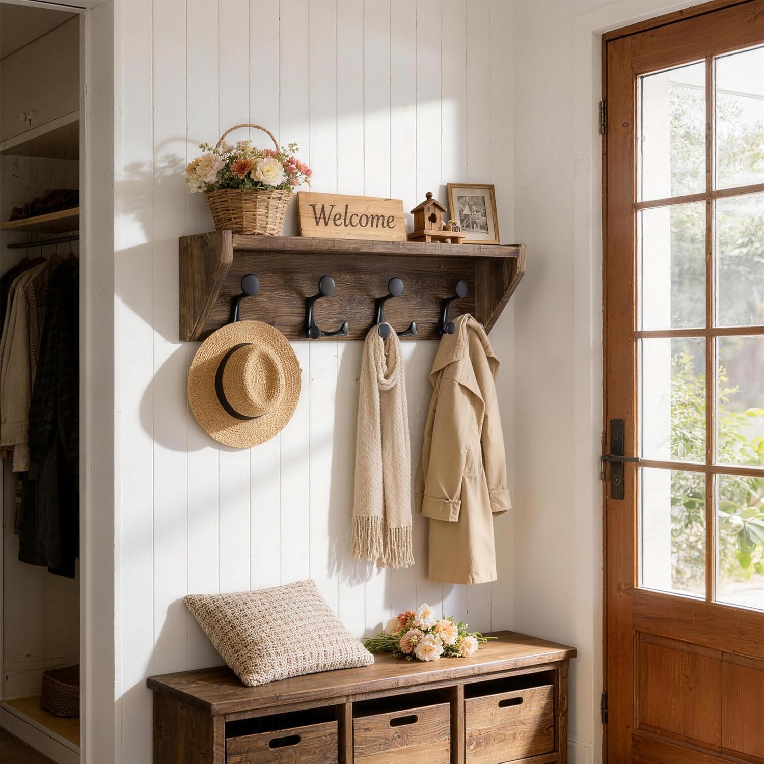 24" Brown Wall Coat Rack Shelf