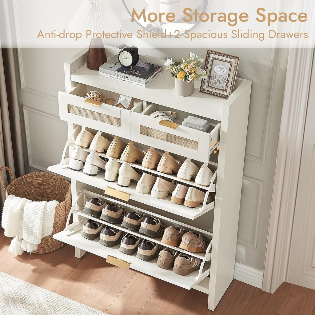 White Rattan Slim Hidden Shoe Storage Cabinet