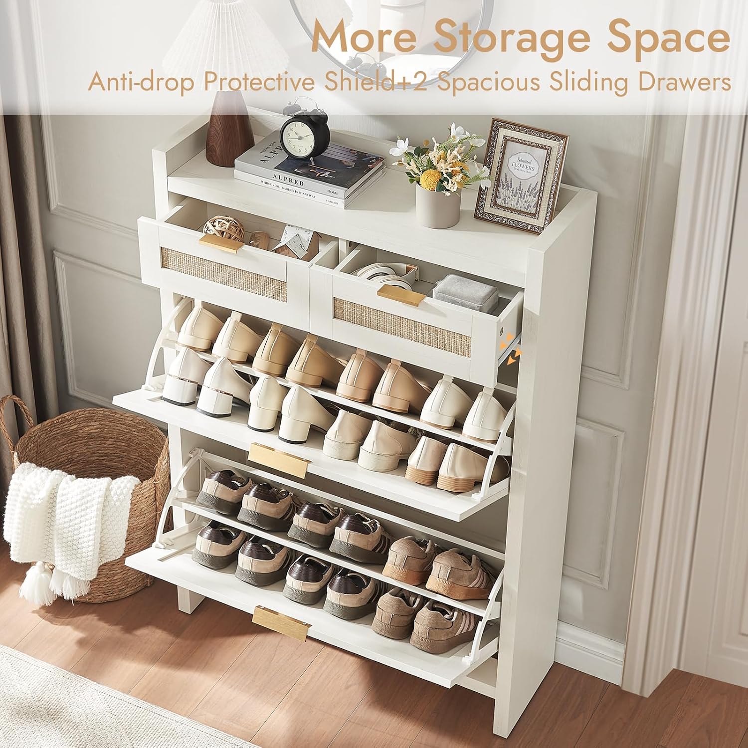 White Rattan Slim Hidden Shoe Storage Cabinet