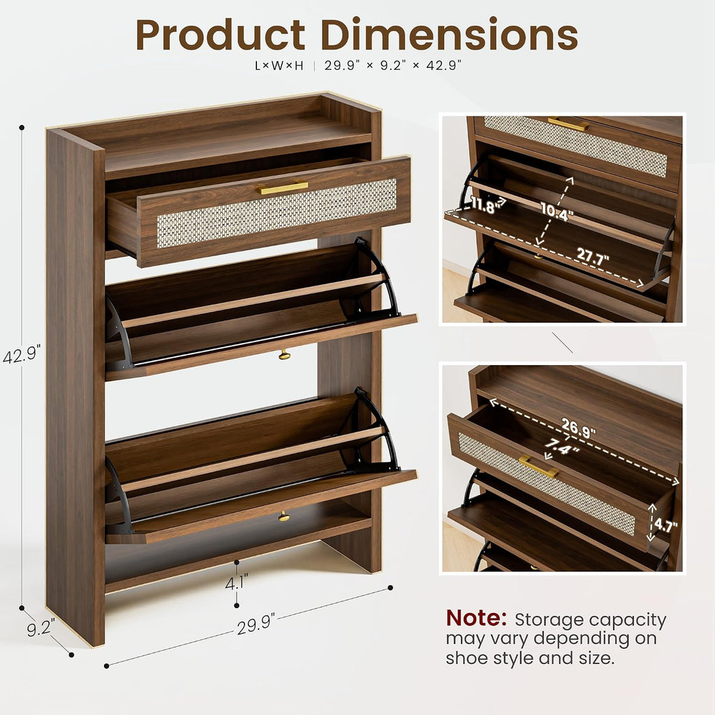 Slim Rattan Flip Drawer Shoe Storage Cabinet
