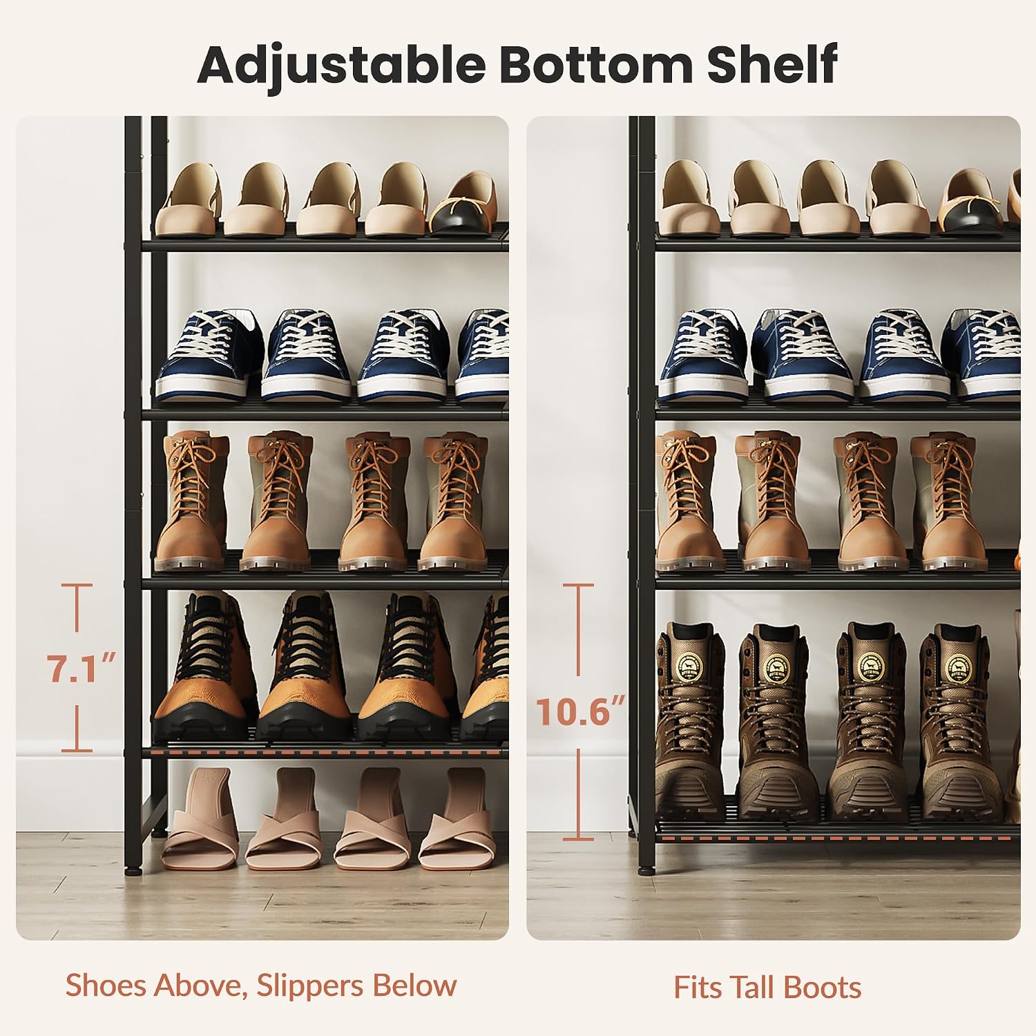 6 Tier Rustic Brown Black Metal Shoe Rack With Wood Top