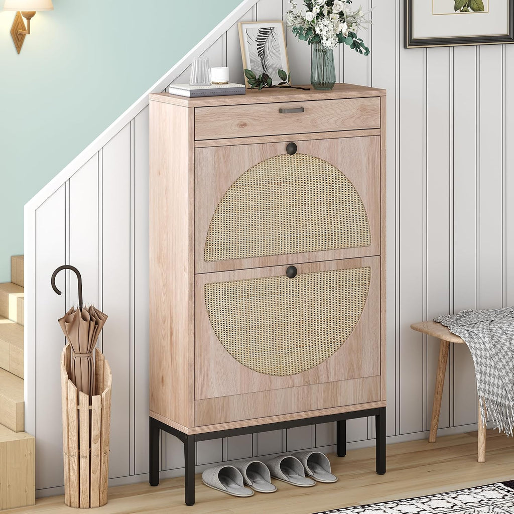 Slim Rattan Flip Drawer Shoe Storage Cabinet
