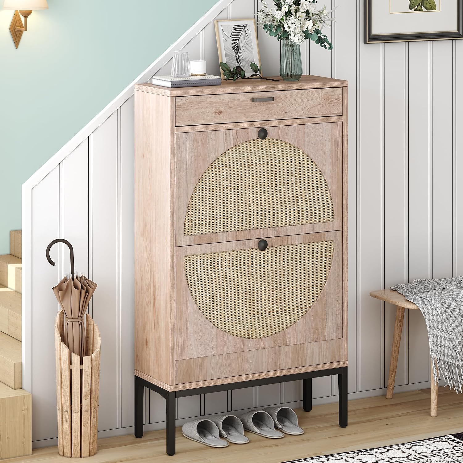 Slim Rattan Flip Drawer Shoe Storage Cabinet