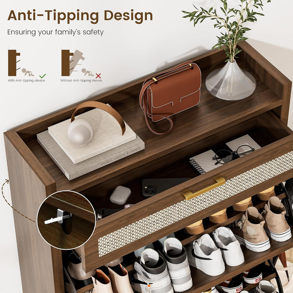 Slim Rattan Flip Drawer Shoe Storage Cabinet