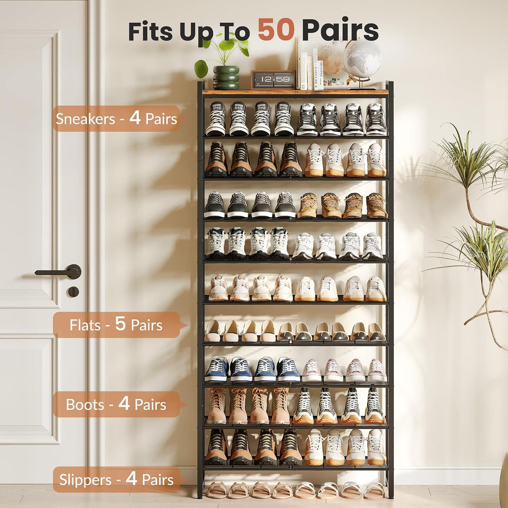10 Tier Narrow Rustic Brown Metal Shoe Rack With Wood Top