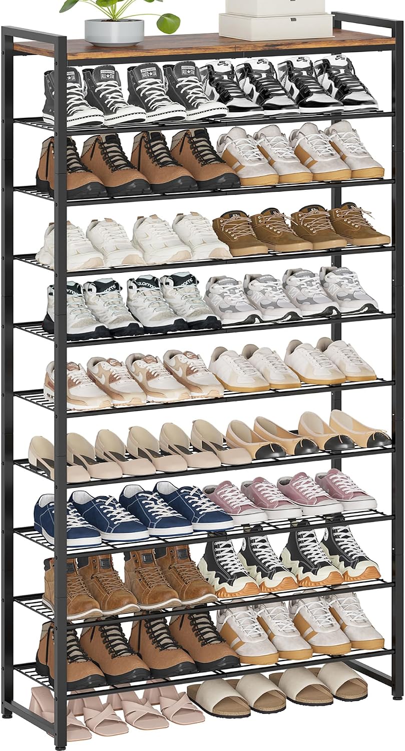 10 Tier Narrow Rustic Brown Metal Shoe Rack With Wood Top