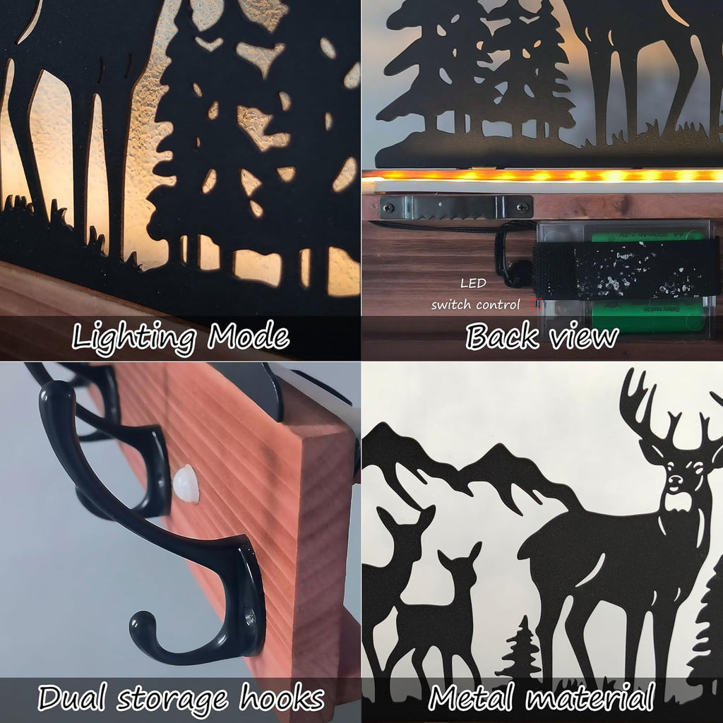 Wood Lighted Deer Wall Coat Hooks