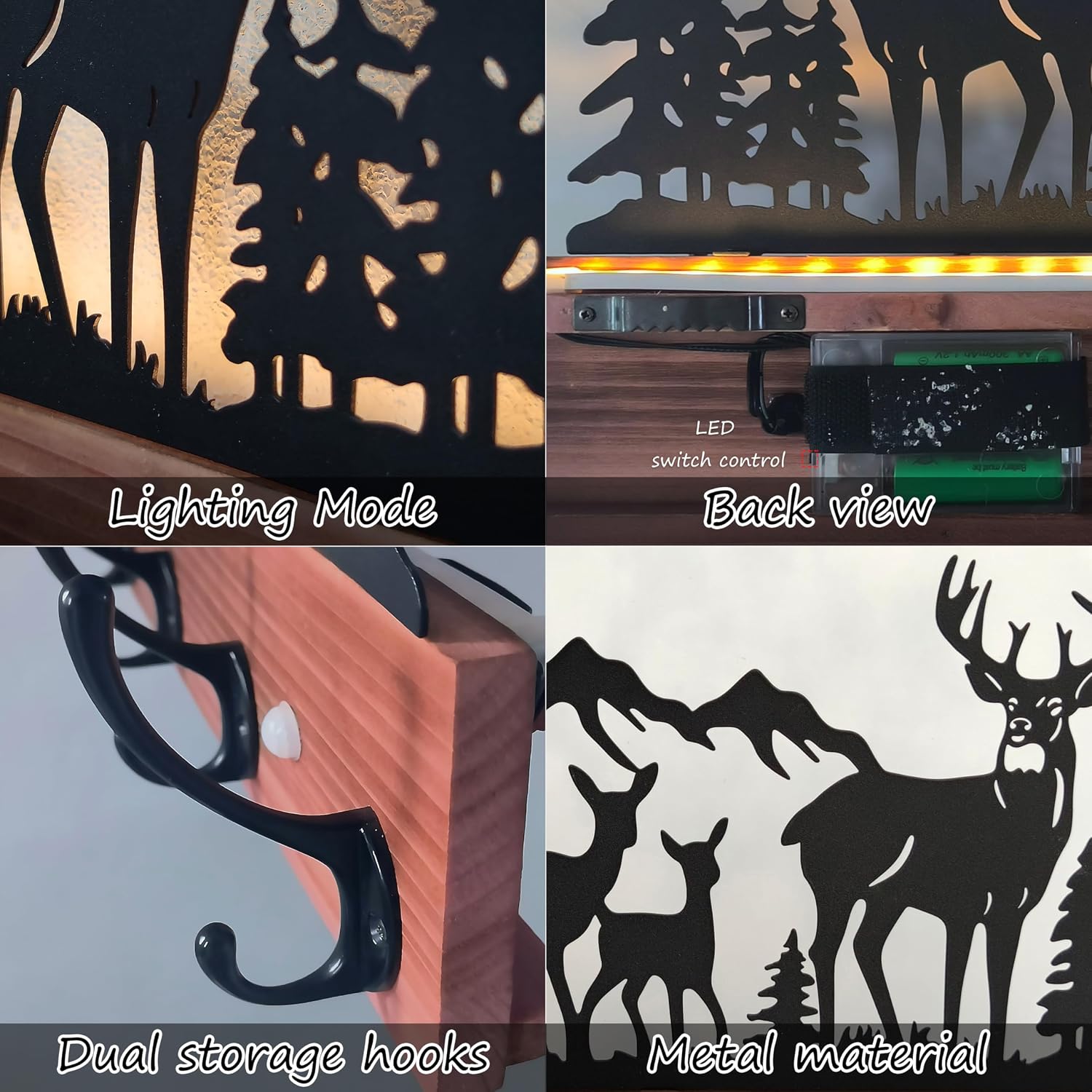 Wood Lighted Deer Wall Coat Hooks