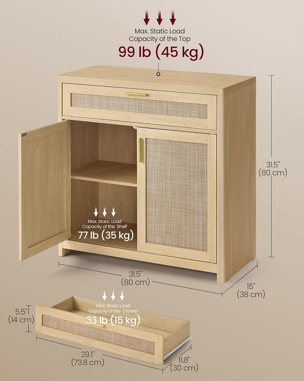 Oak Beige Rattan Boho Sideboard Cabinet