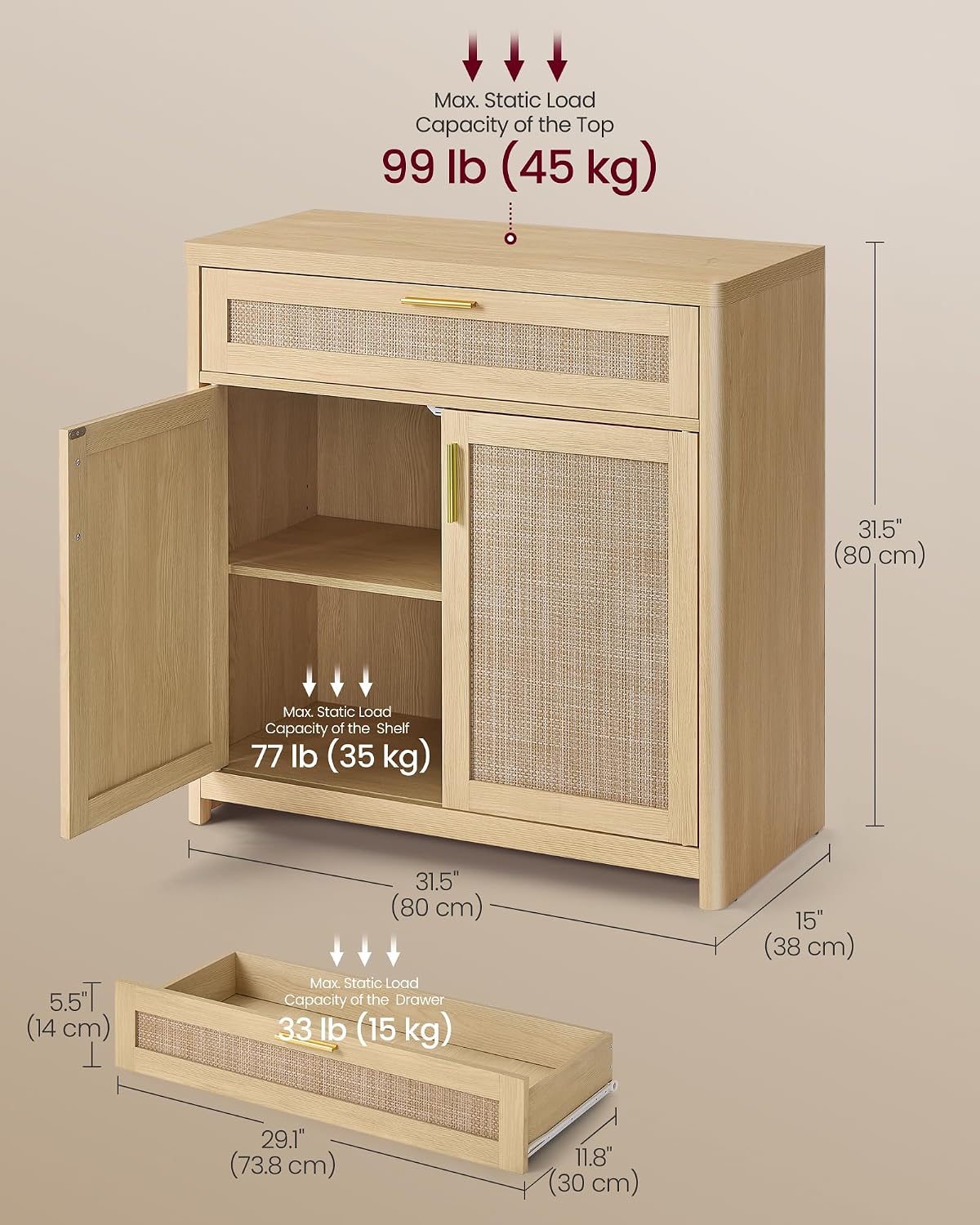 Oak Beige Rattan Boho Sideboard Cabinet