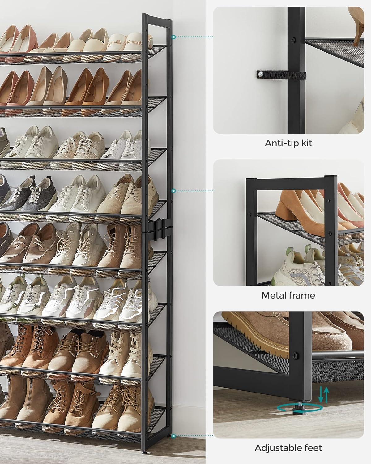 Set of 2 Stackable 4-Tier Black Metal Shoe Rack