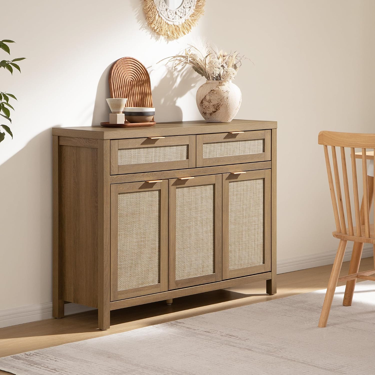 Caramel Oak Rattan 3 Doors 2 Drawers Boho Sideboard