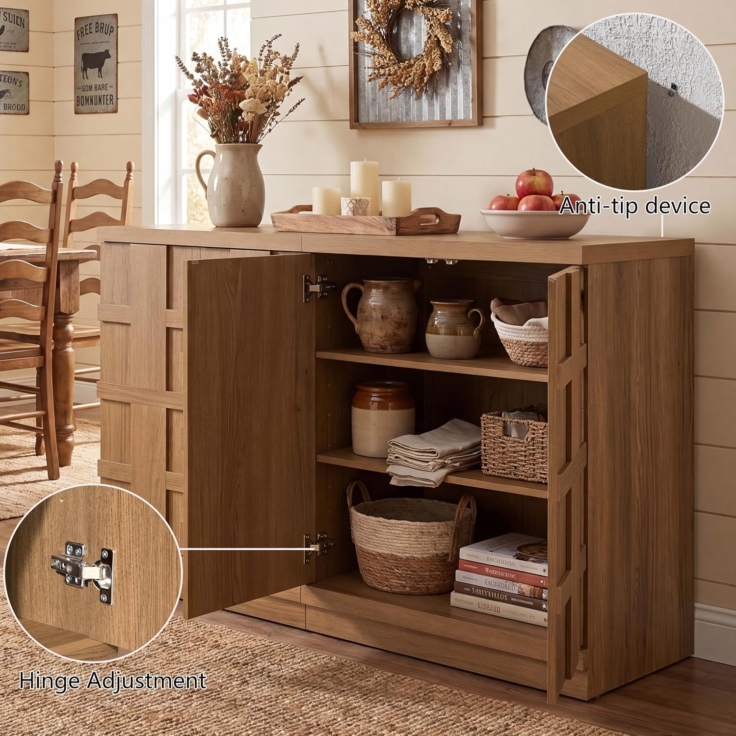 Brown Oak Woven Textured Long Sideboard