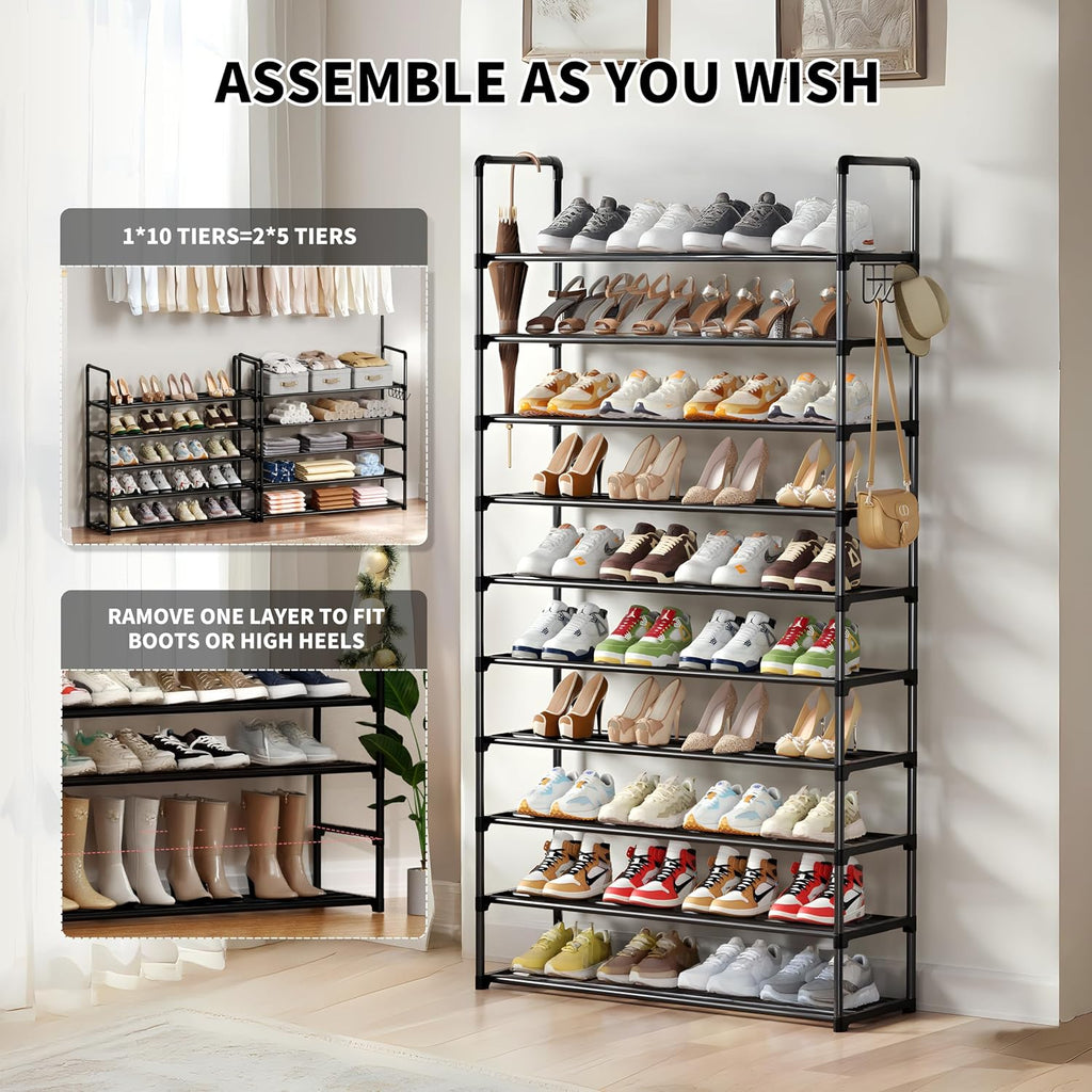 10 Tier Tall Metal Shoe Rack with Hooks