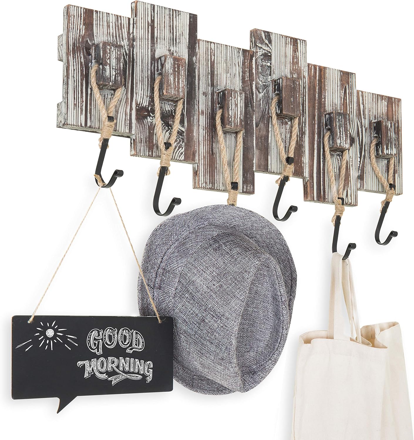 Torched Wood Nautical 6-Hook Coat Rack