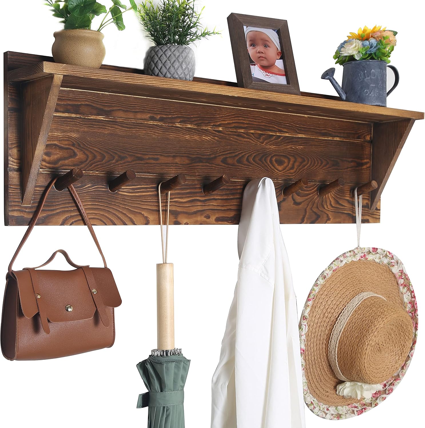 34" Rustic Brown Wall Coat Rack Shelf