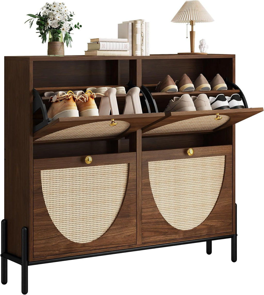Walnut Rattan 4 Flip Drawer Shoe Cabinet