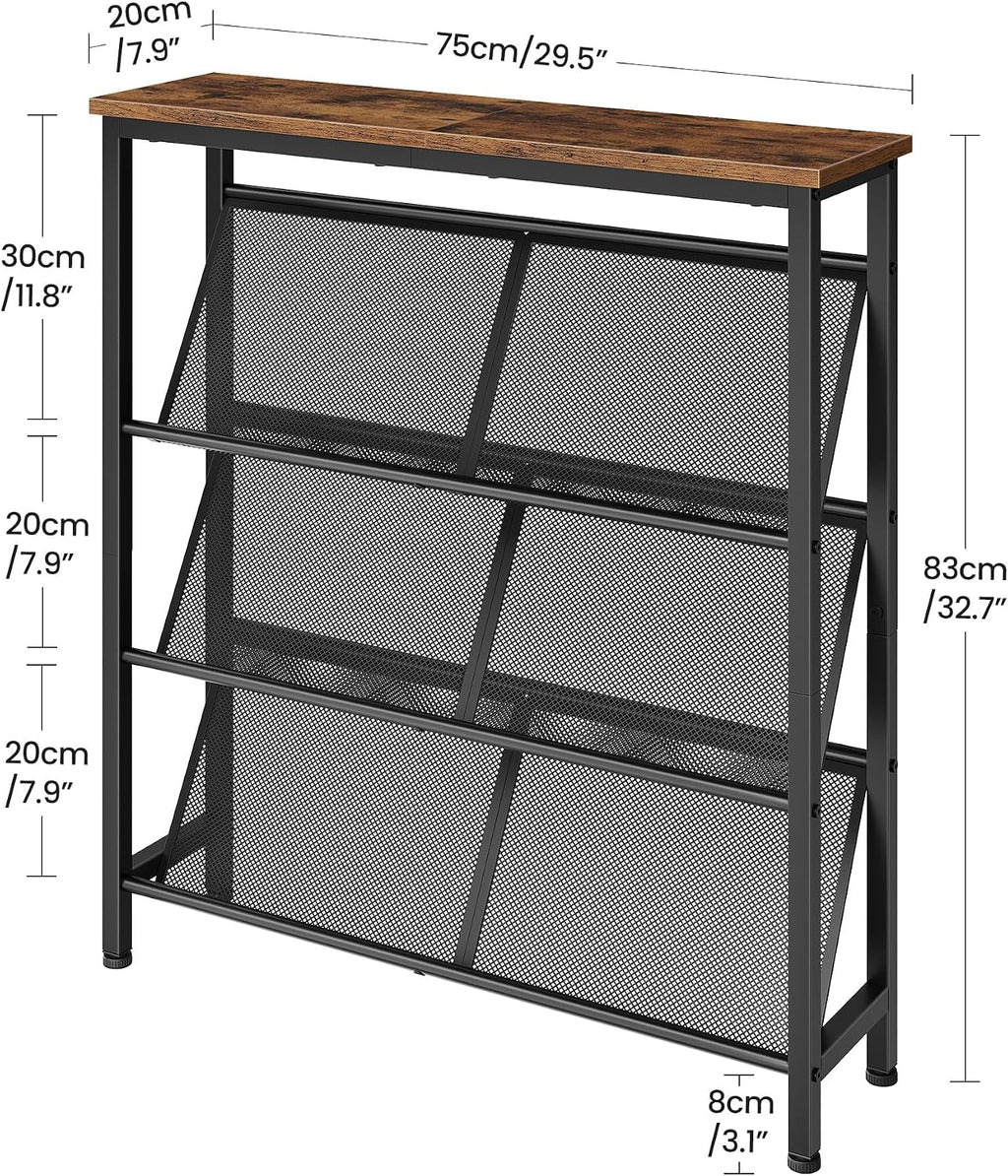 4-Tier Slanted Rustic Brown Metal Shoe Rack With Wood Top