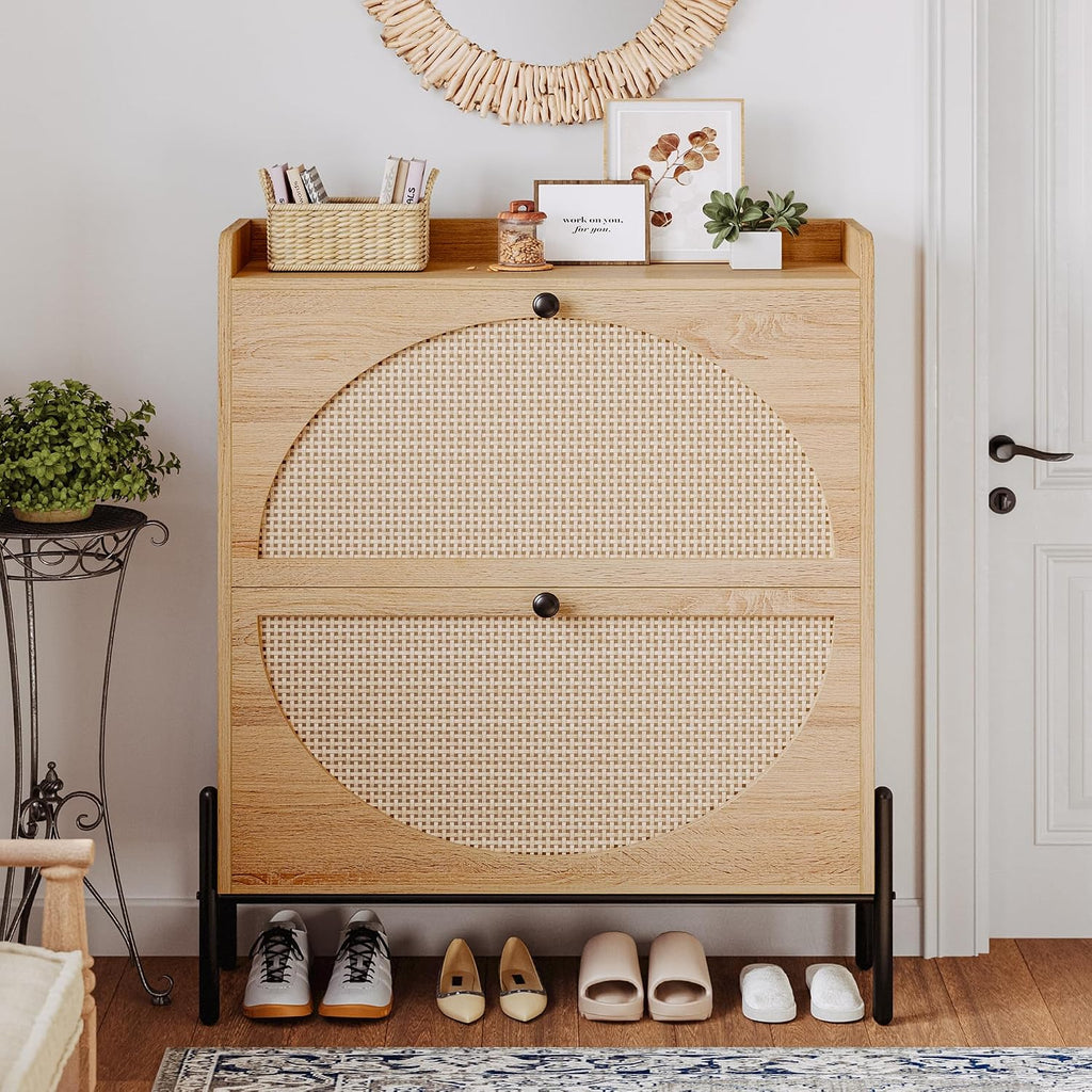 Oak Narrow Rattan Flip Drawer Shoe Cabinet