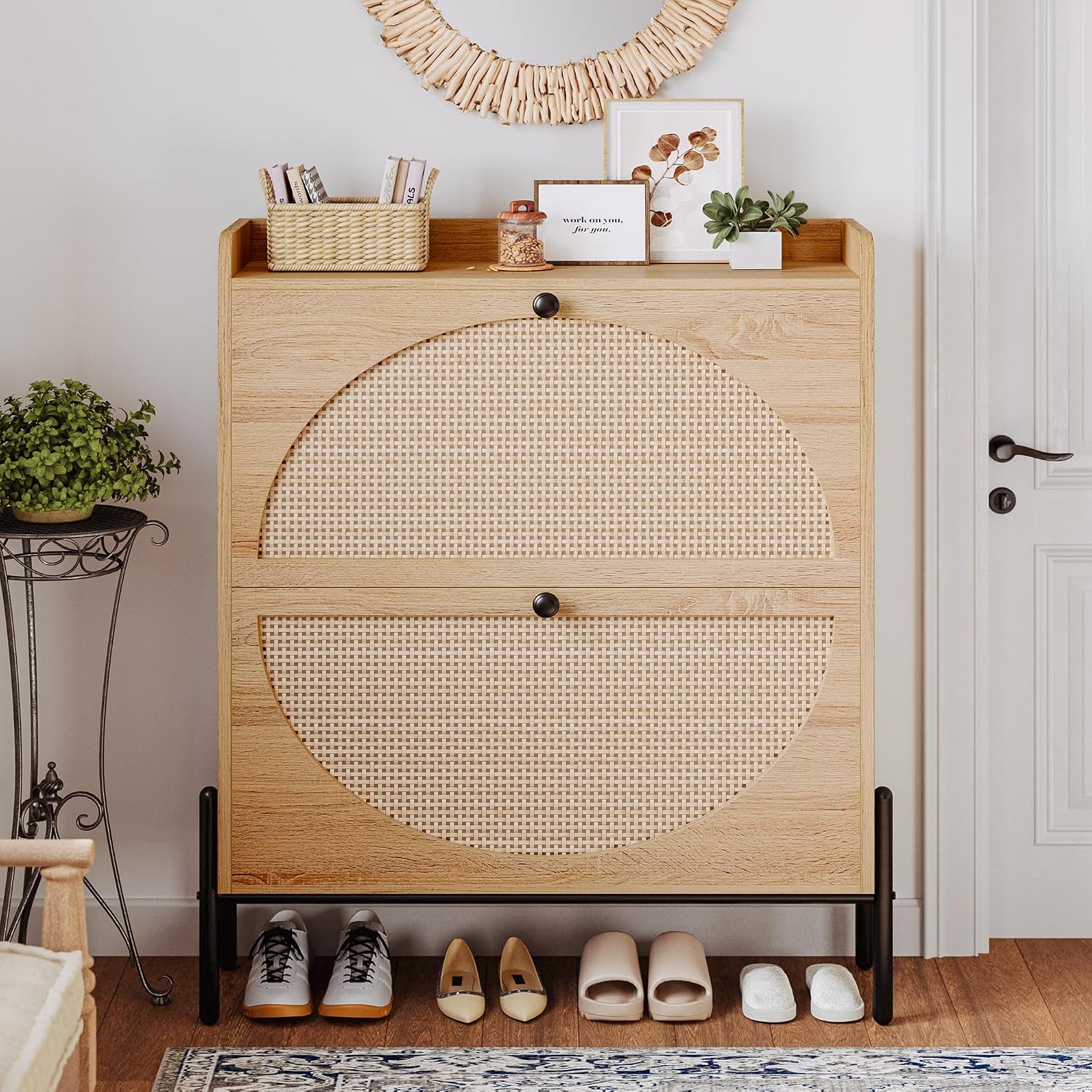 Oak Narrow Rattan Flip Drawer Shoe Cabinet