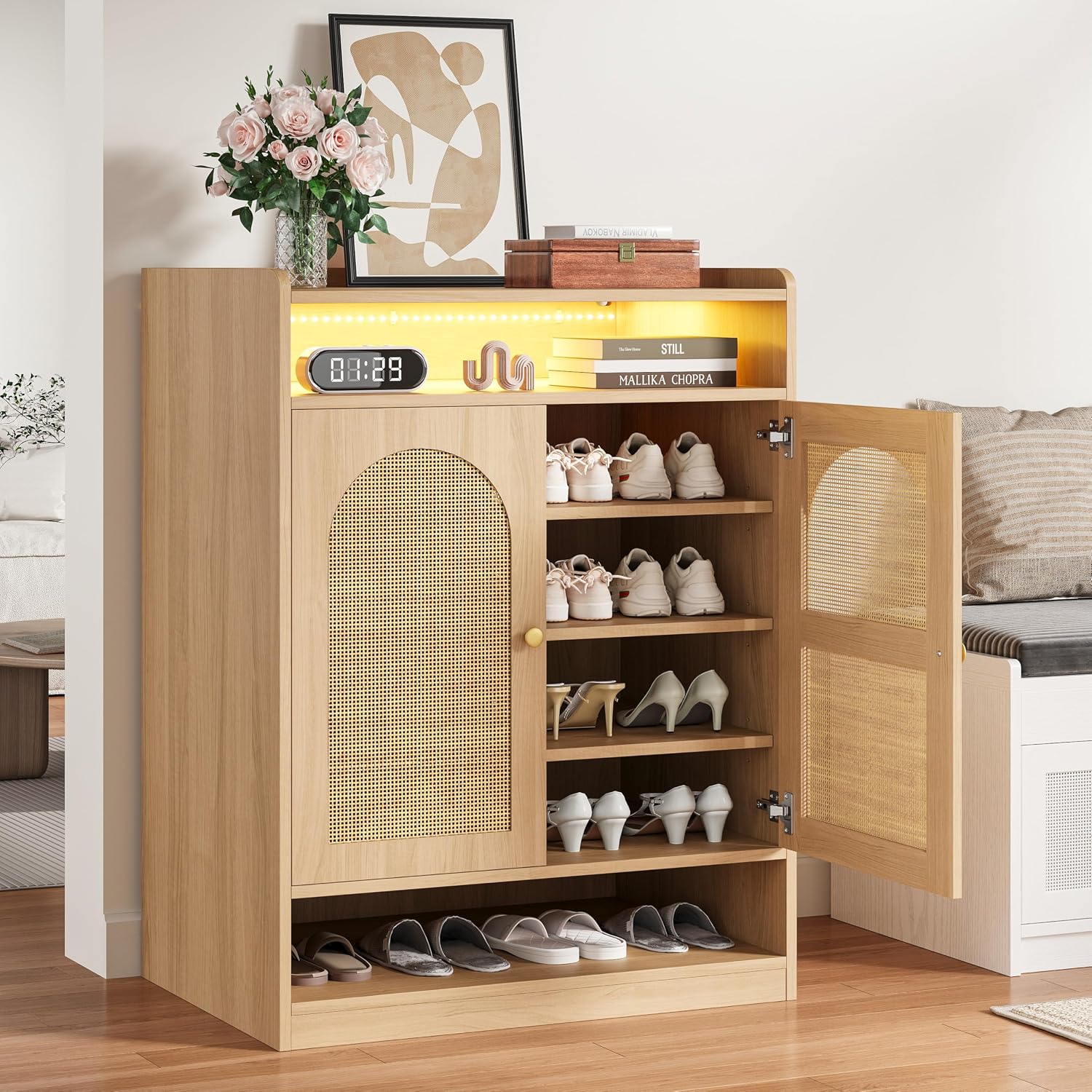 6-Tier Rattan LED Shoe Storage Cabinet
