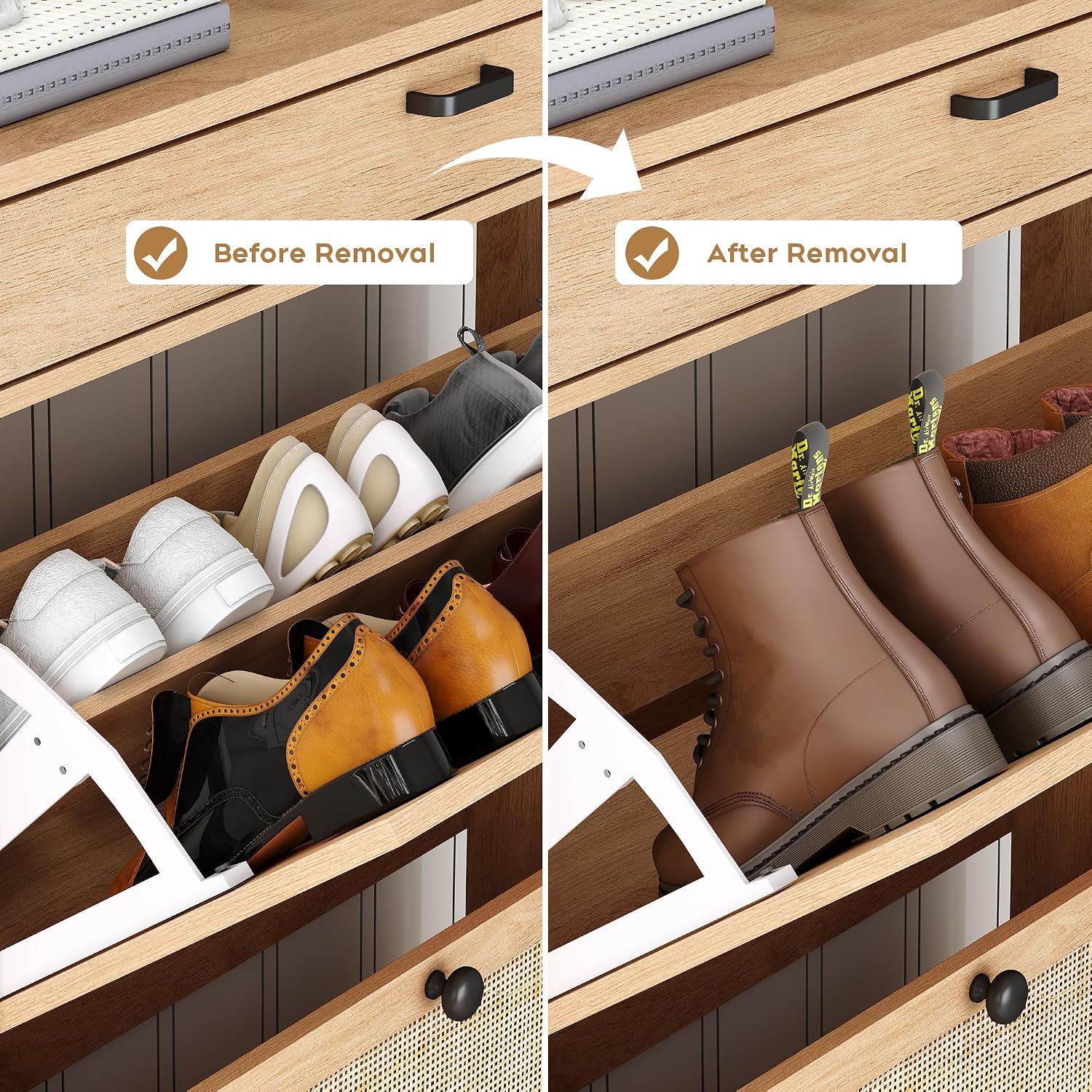 Golden Brown Slim Rattan Flip Drawer Shoe Cabinet