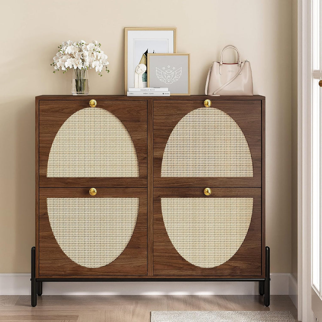 Walnut Rattan 4 Flip Drawer Shoe Cabinet
