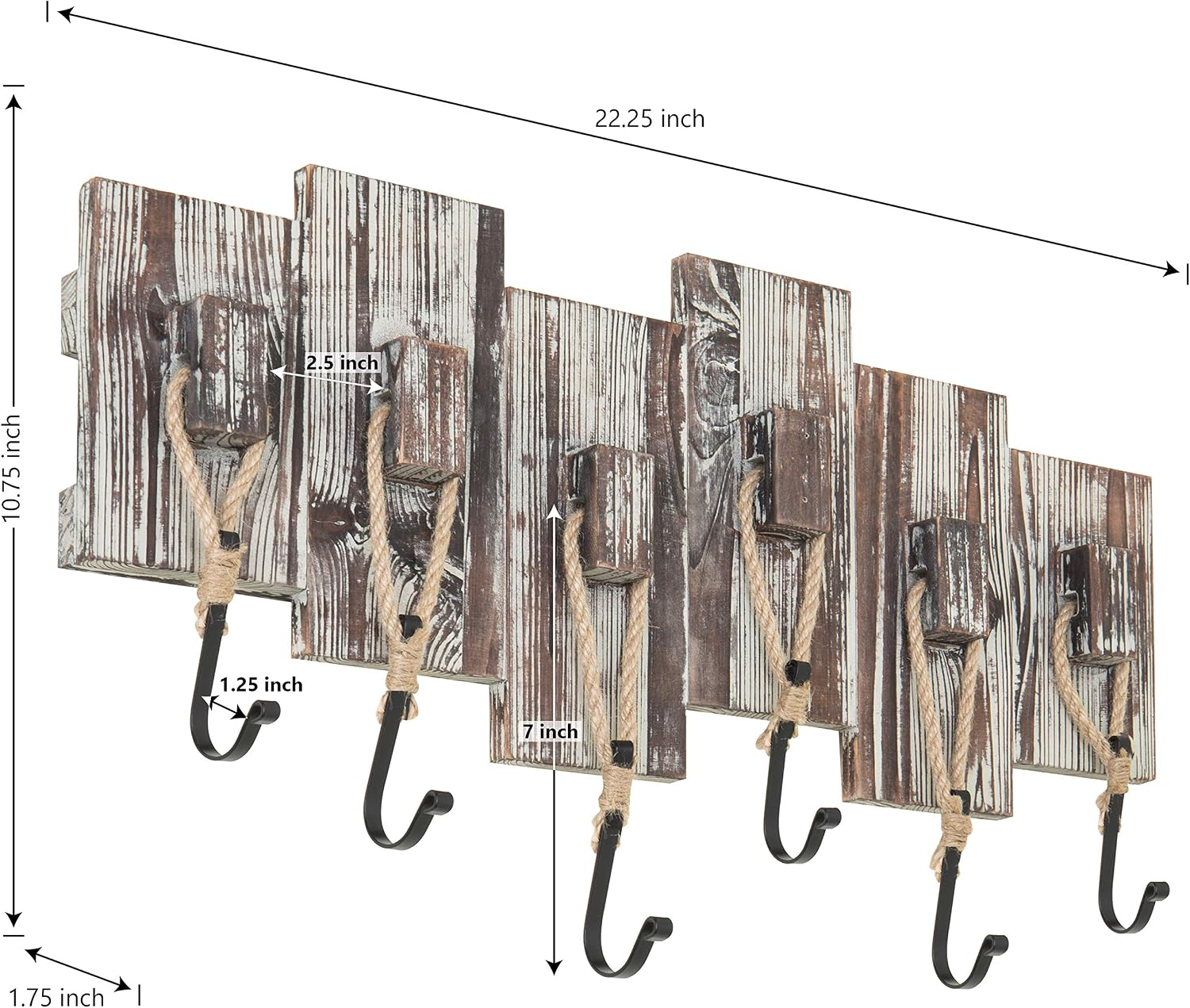 Torched Wood Nautical 6-Hook Coat Rack