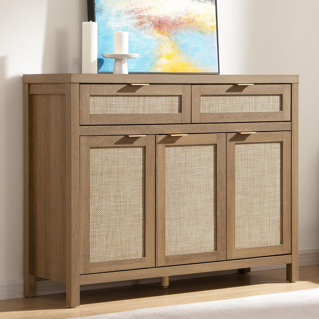 Caramel Oak Rattan 3 Doors 2 Drawers Boho Sideboard