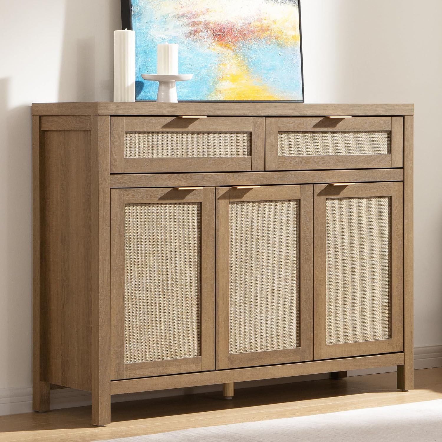 Caramel Oak Rattan 3 Doors 2 Drawers Boho Sideboard