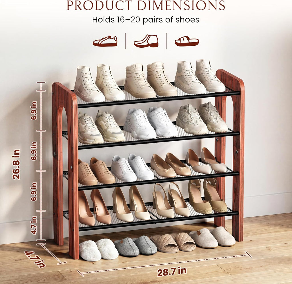 4-Tier Wood Frame Metal Mesh Shoe Rack