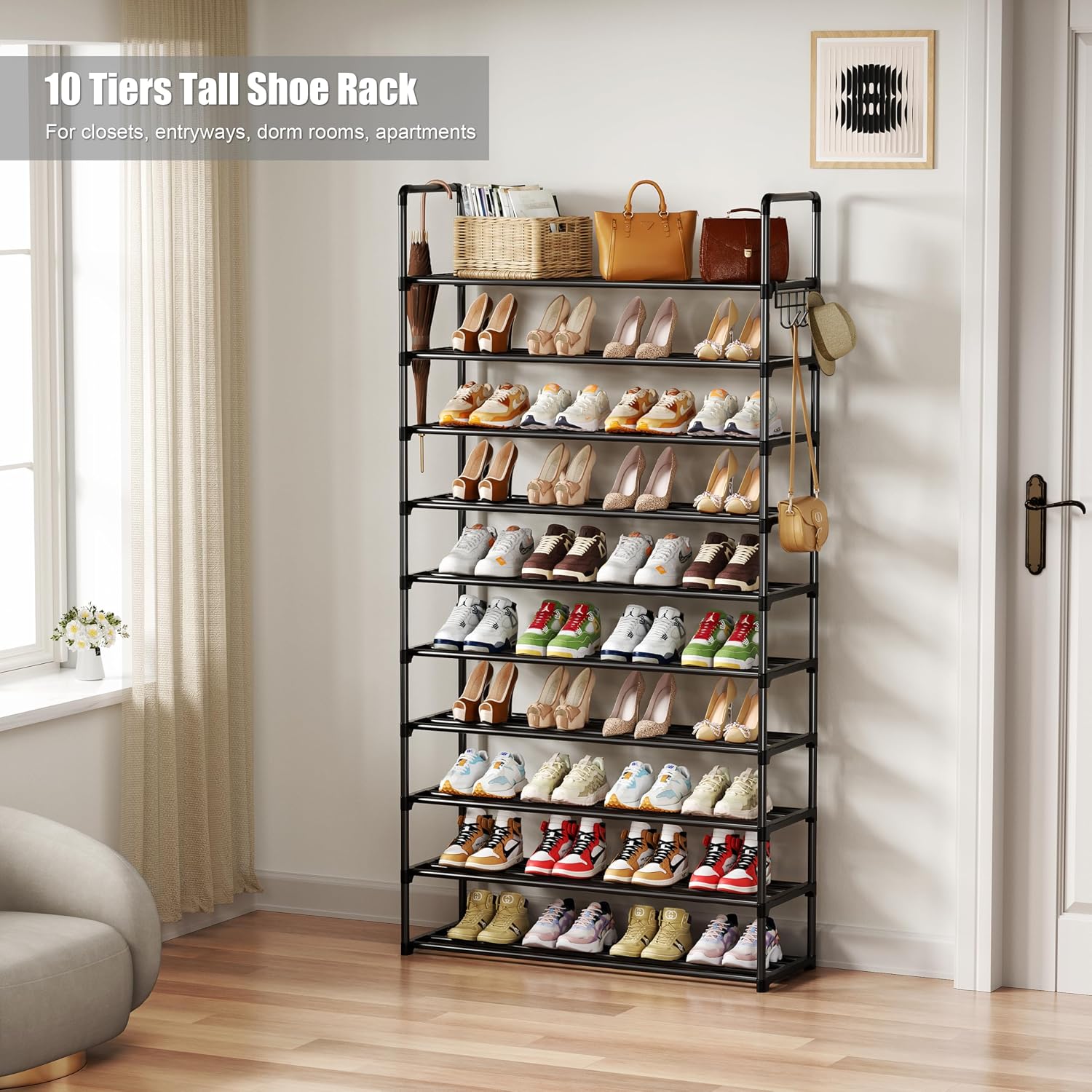 10 Tier Tall Metal Shoe Rack with Hooks