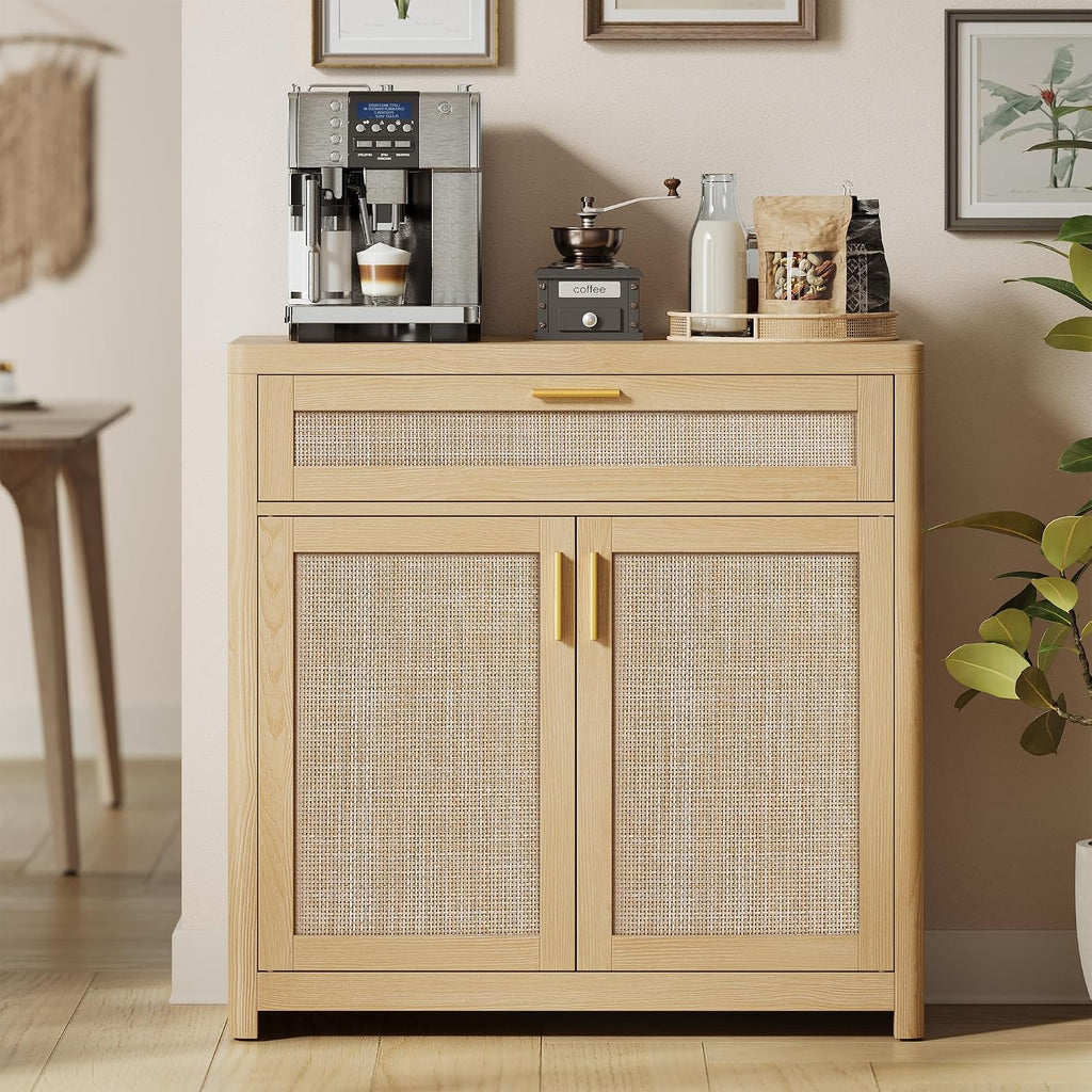 Oak Beige Rattan Boho Sideboard Cabinet