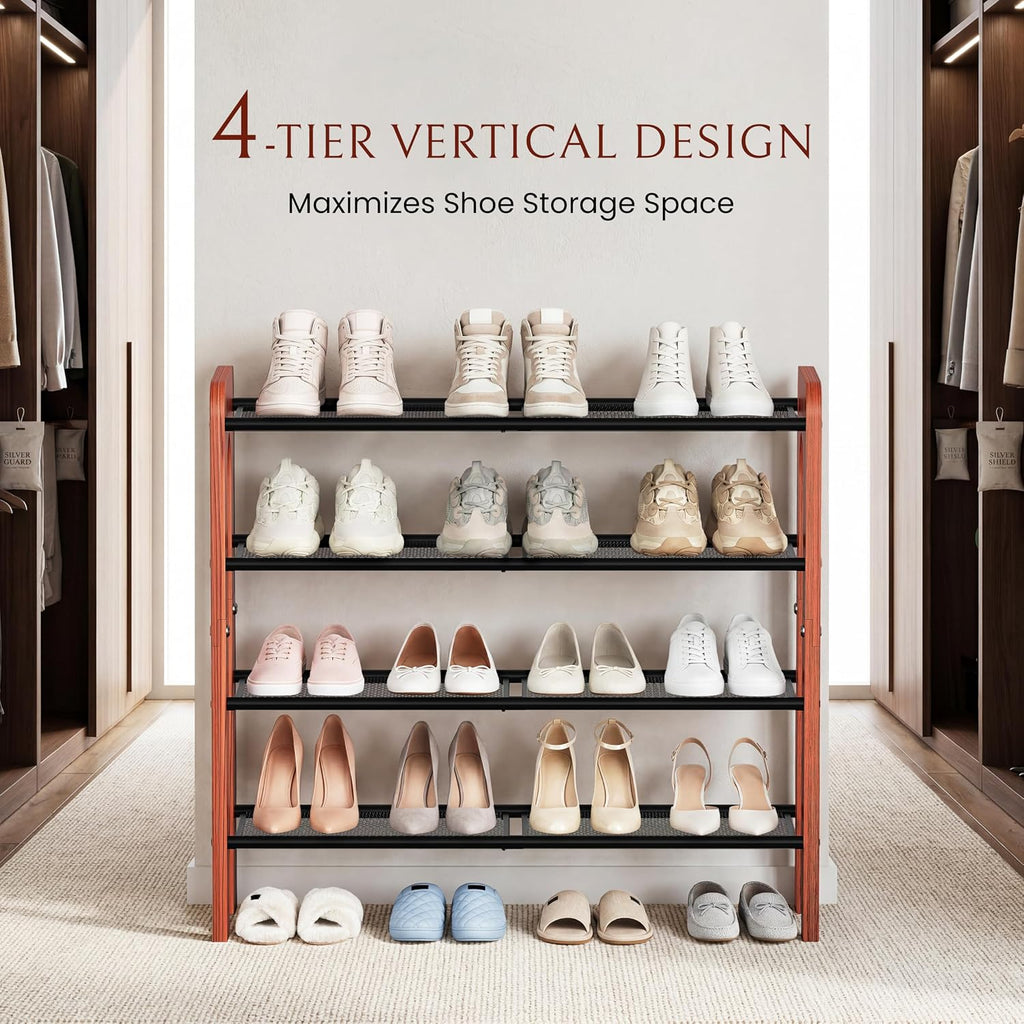 4-Tier Wood Frame Metal Mesh Shoe Rack