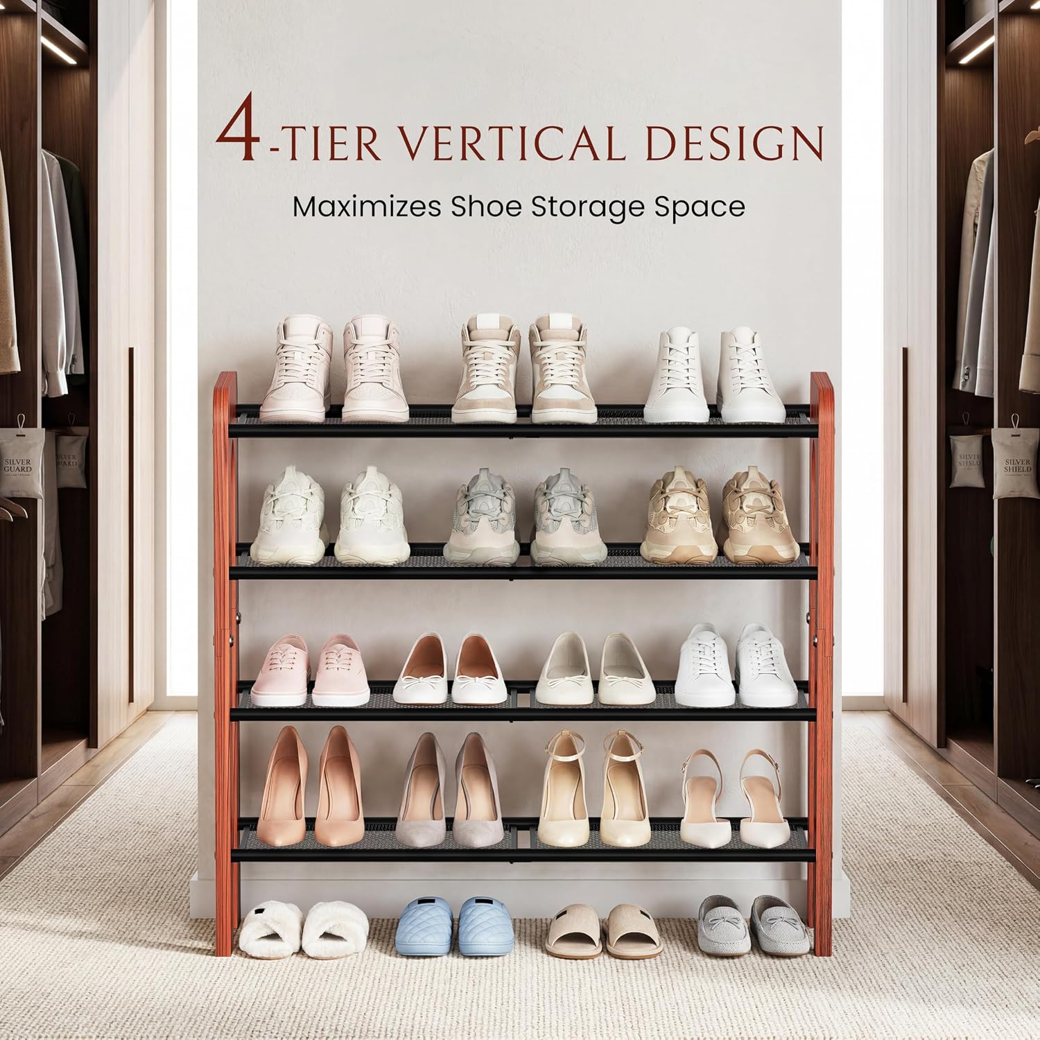 4-Tier Wood Frame Metal Mesh Shoe Rack