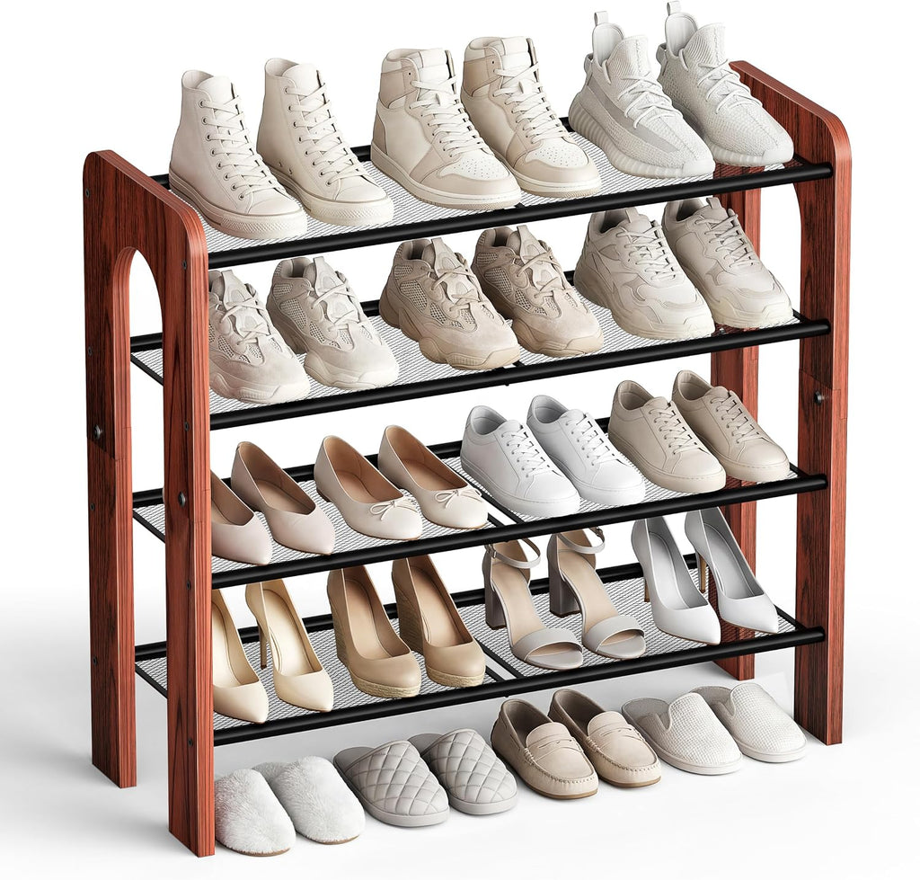 4-Tier Wood Frame Metal Mesh Shoe Rack