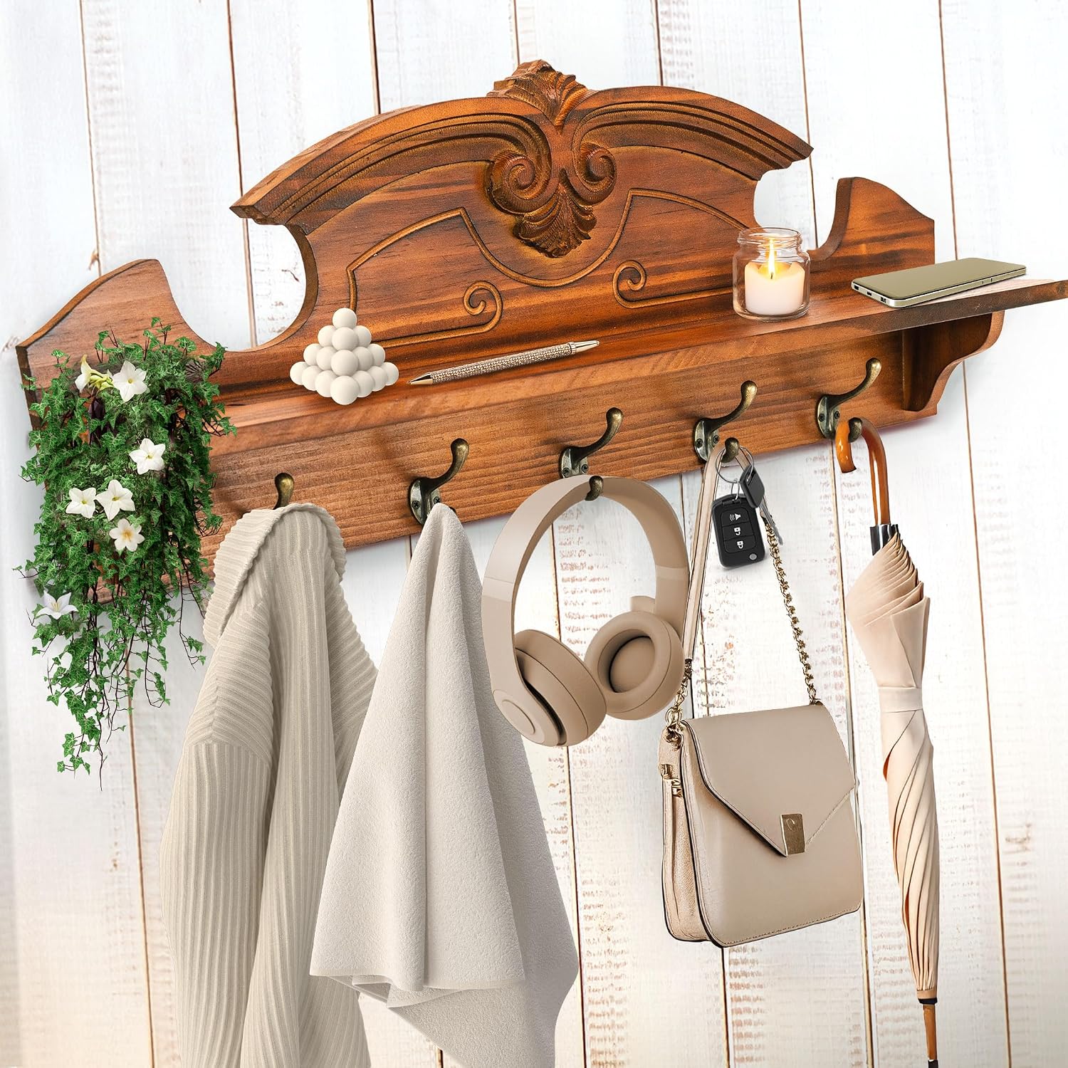 24" Brown Farmhouse Wall Coat Rack