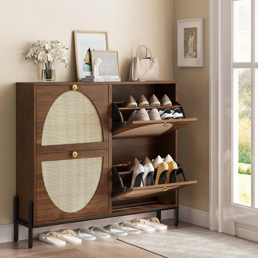 Walnut Rattan 4 Flip Drawer Shoe Cabinet