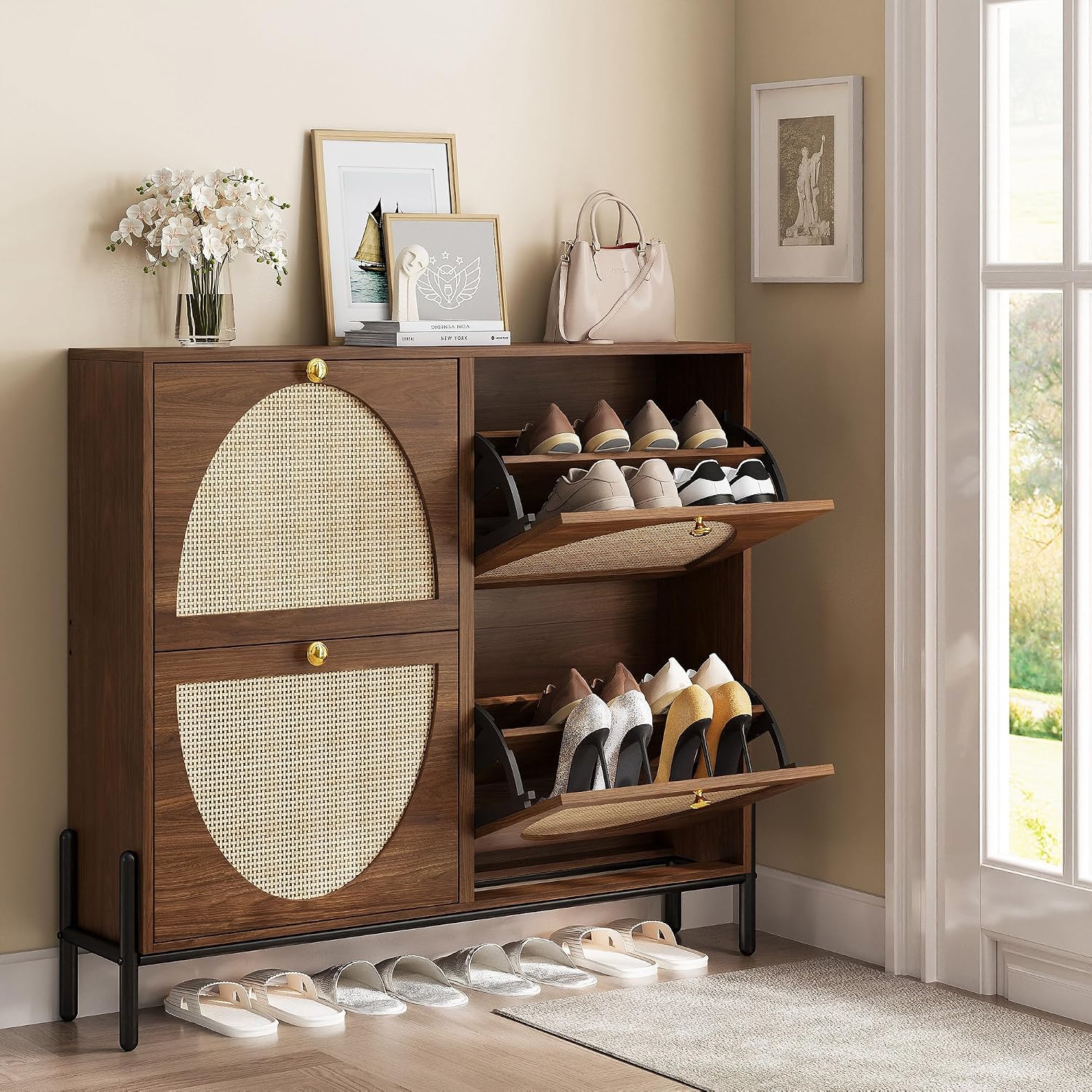 Walnut Rattan 4 Flip Drawer Shoe Cabinet