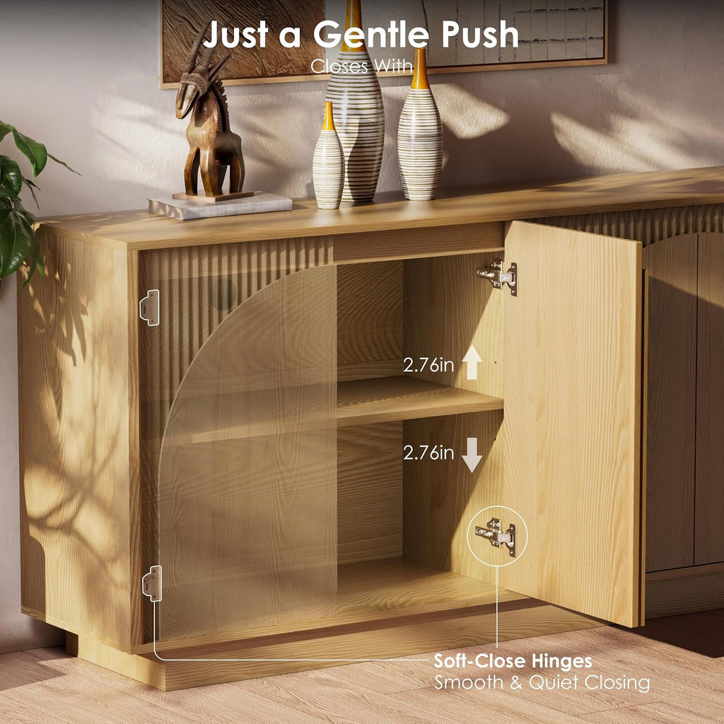 65.35" Oak Fluted Arched Door Mid Century Sideboard Cabinet