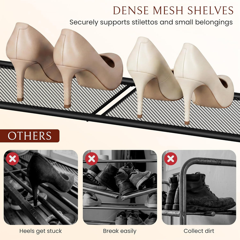 4-Tier Wood Frame Metal Mesh Shoe Rack