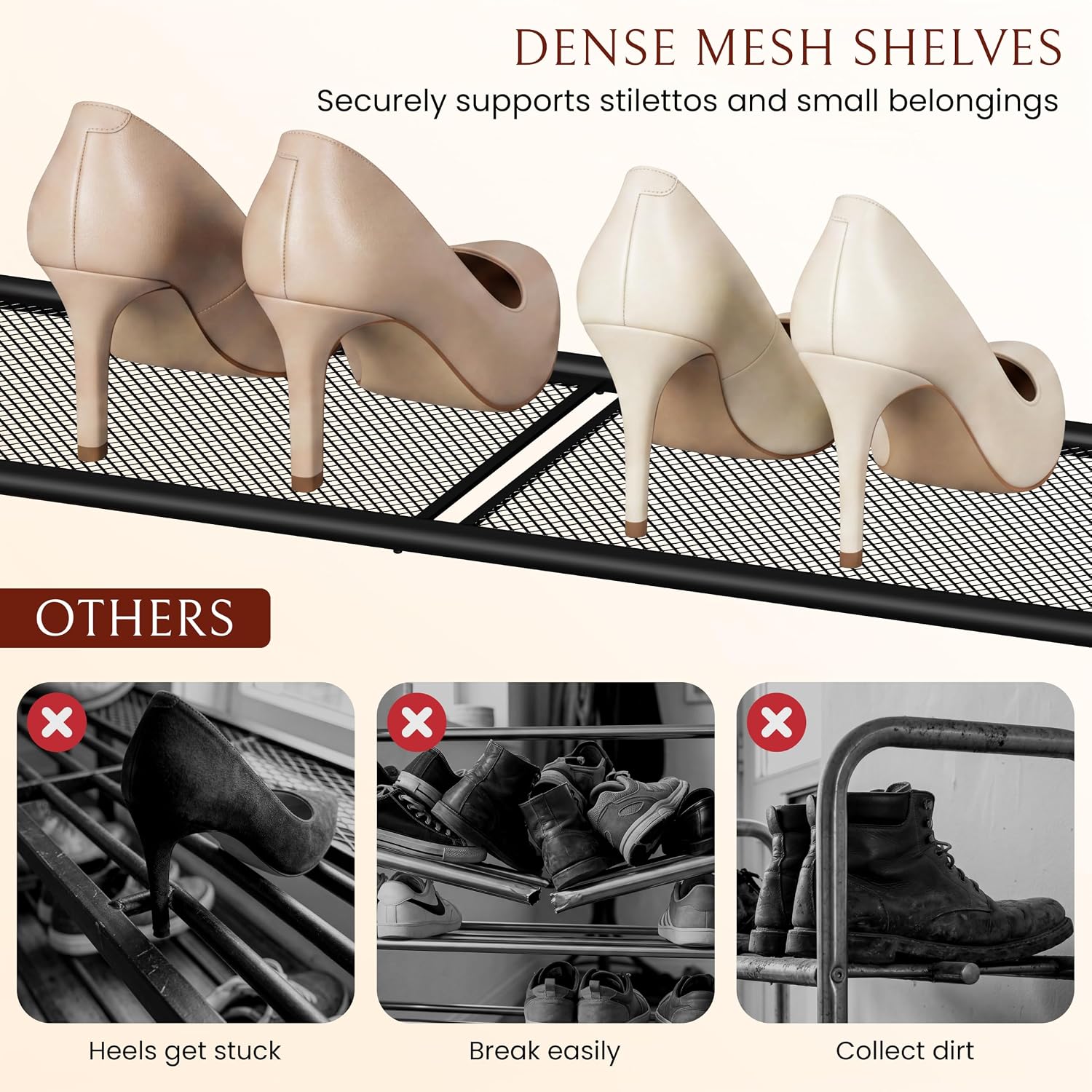 4-Tier Wood Frame Metal Mesh Shoe Rack