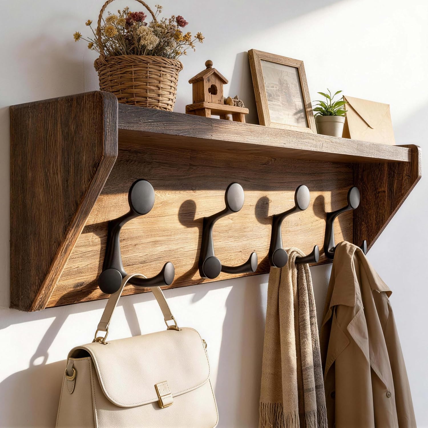 24" Brown Wall Coat Rack Shelf